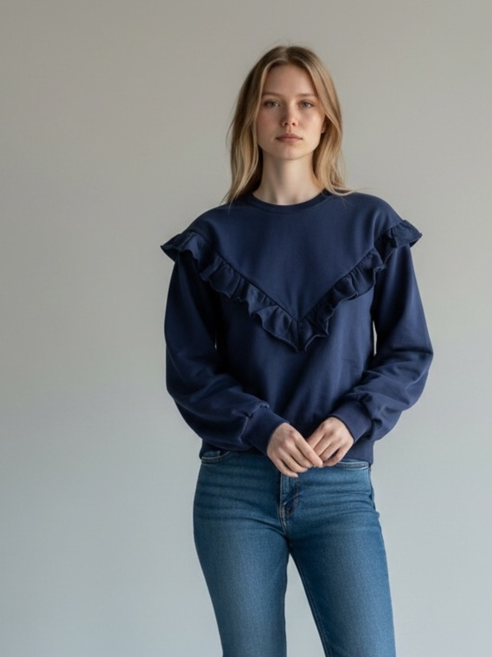 The Tiny Big Sister Navy Ruffle-Trim Crewneck Sweater Size 4 NWOT
